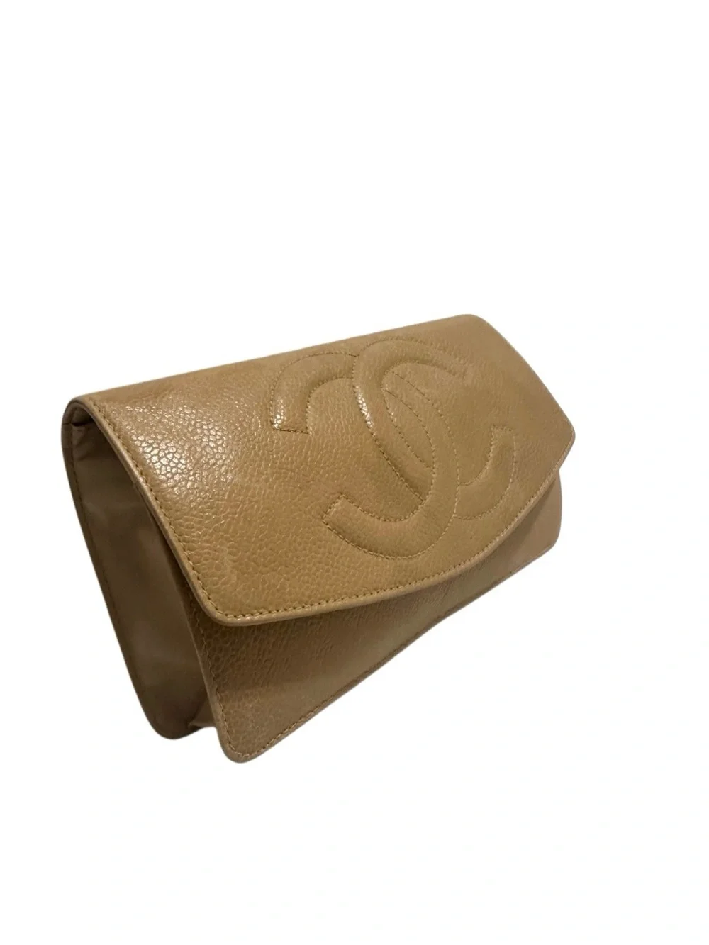 CHANEL Tan Quilted CC Leather Clutch